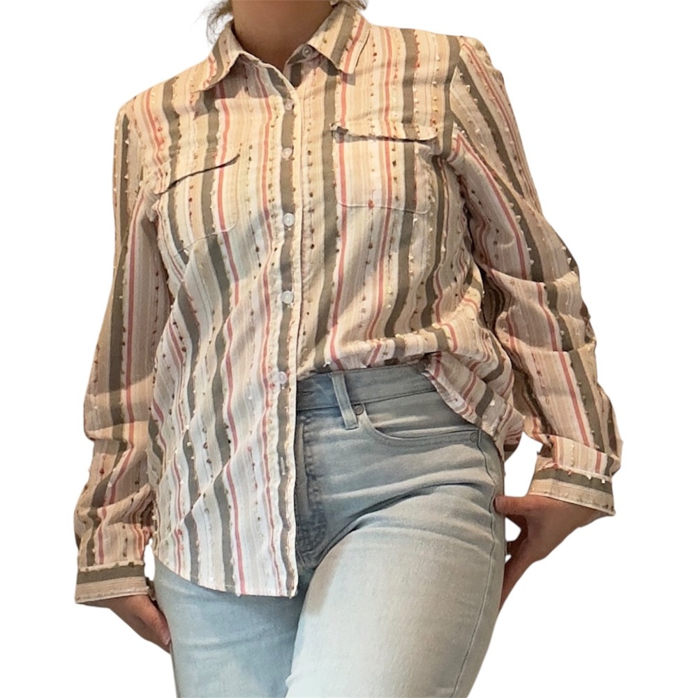 Alfred Dunner Womens 12 Button Down Shirt Striped Textured Long Sleeve Grandma